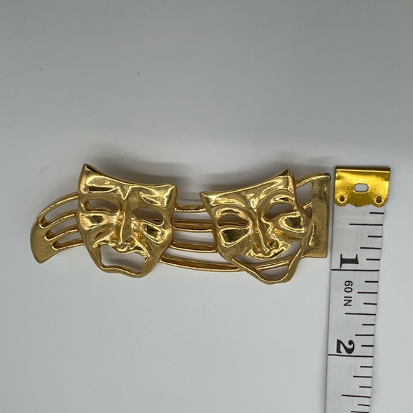 Vintage Gold Tone Theater Mask Brooch – Comedy Tragedy Abstract Art Pin 3” - Picture 4 of 5